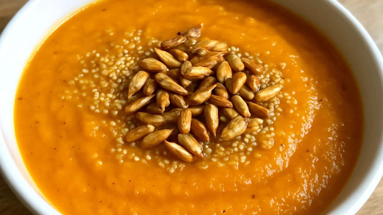 Amaranth-Kürbis-Suppe mit gerösteten Sonnenblumenkernen"