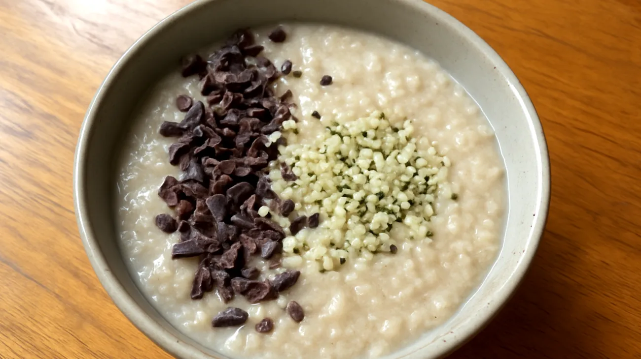 Amaranth-Porridge mit Kakao-Nibs und Hanfsamen"