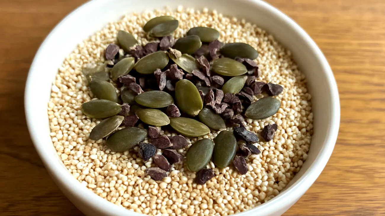 Amaranth-Puffreis mit gerösteten Kürbiskernen und Kakao-Nibs"