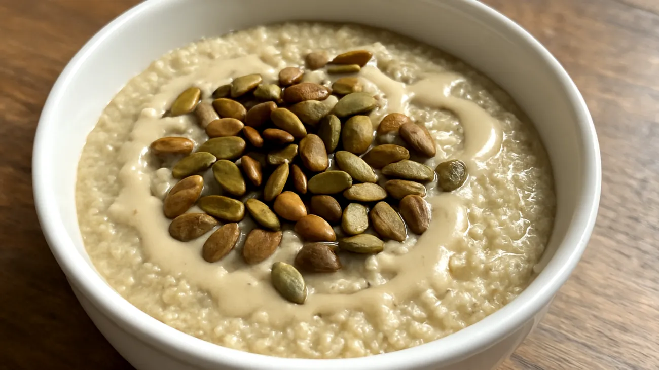 Amaranth-Quinoa-Porridge mit gerösteten Kürbiskernen und Tahini"