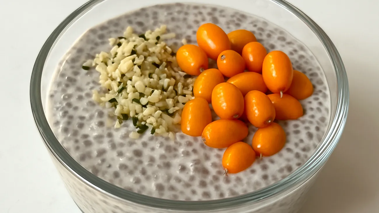 Hanfsamen-Chia-Pudding mit Sanddornbeeren"