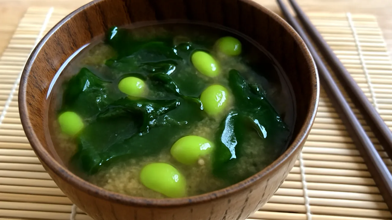 Miso-Suppe mit Wakame-Algen und Edamame"