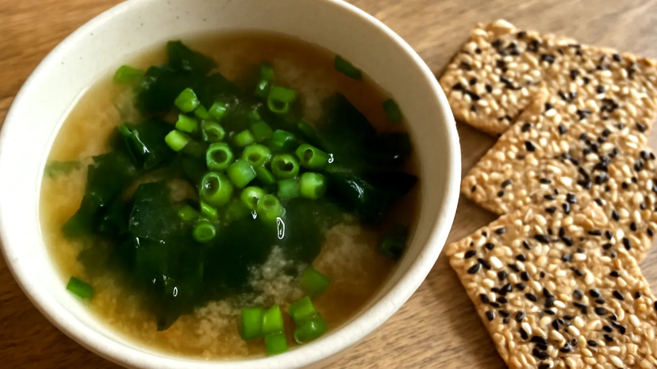Miso-Suppe mit Wakame-Algen und Sesam-Crackern"