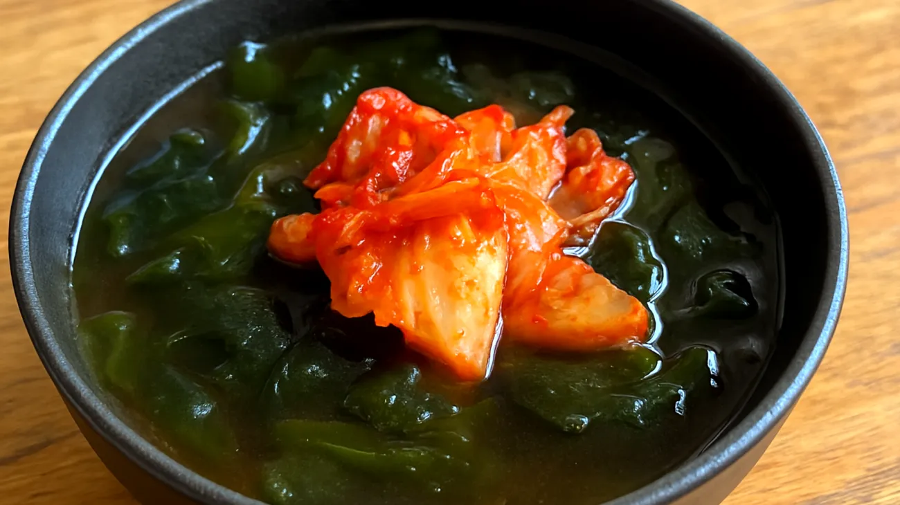 Miso-Suppe mit Wakame-Algen und fermentiertem Kimchi"