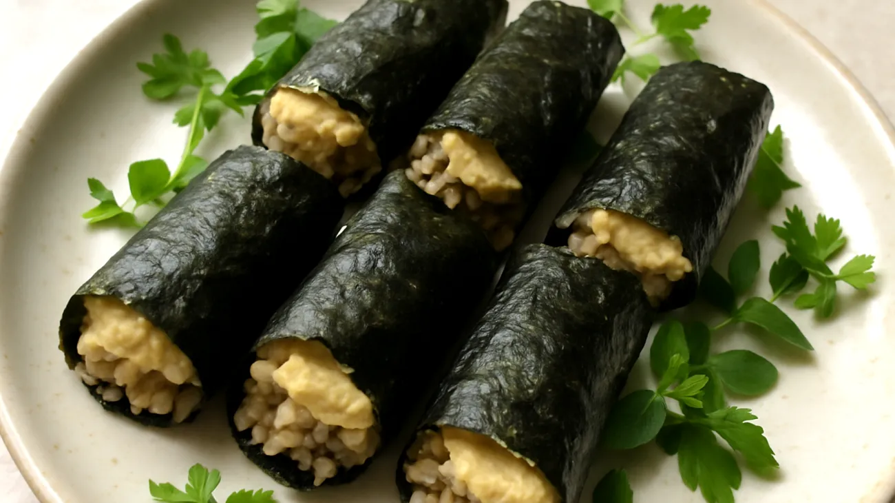 Nori-Algen-Wraps mit Buchweizen und Kichererbsen-Hummus"