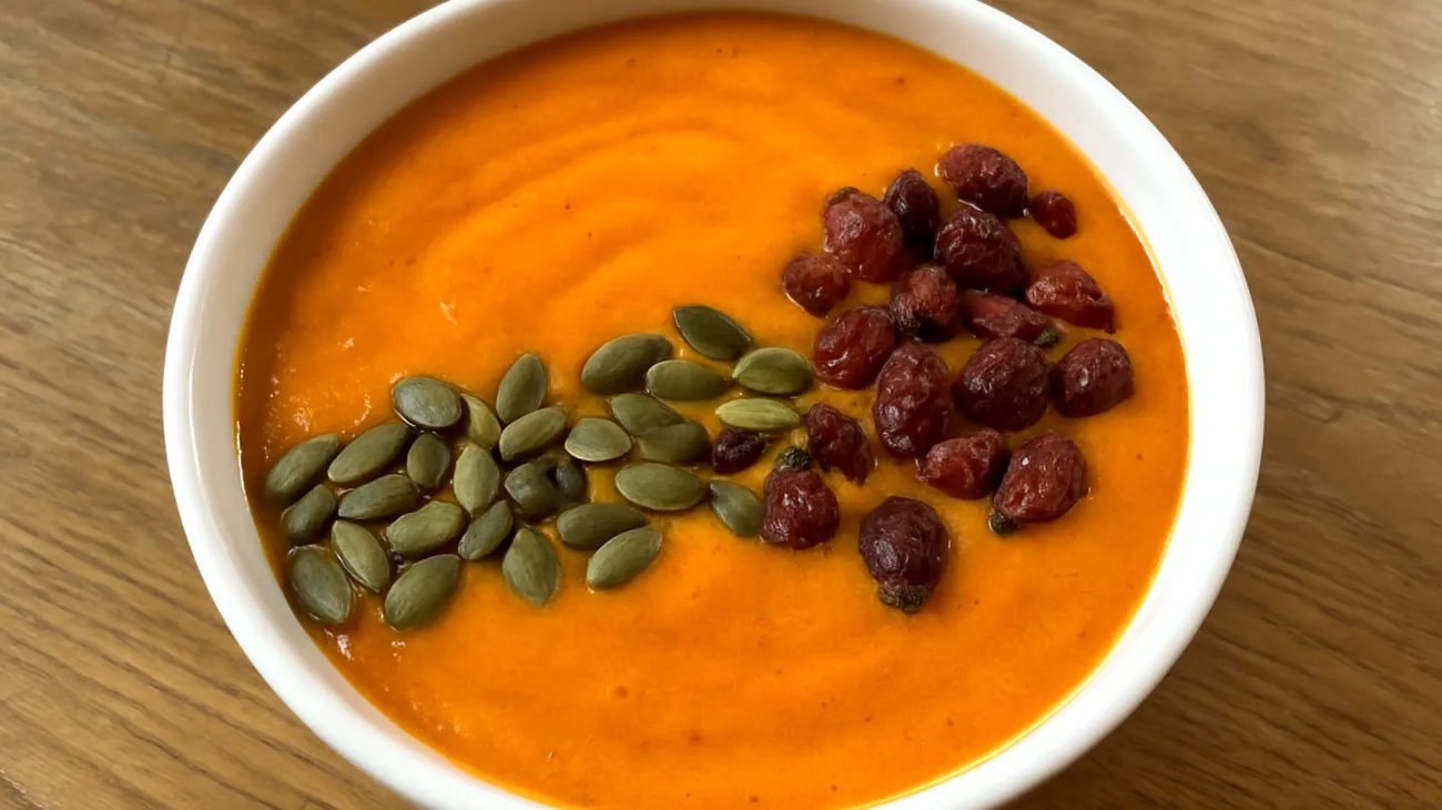 Sanddornbeeren-Smoothie Bowl mit Kürbiskernen und Hagebutten"
